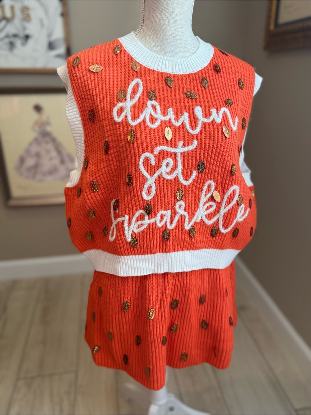 New! QUEEN OF SPARKLES Orange & White Football Knit Skirt Set